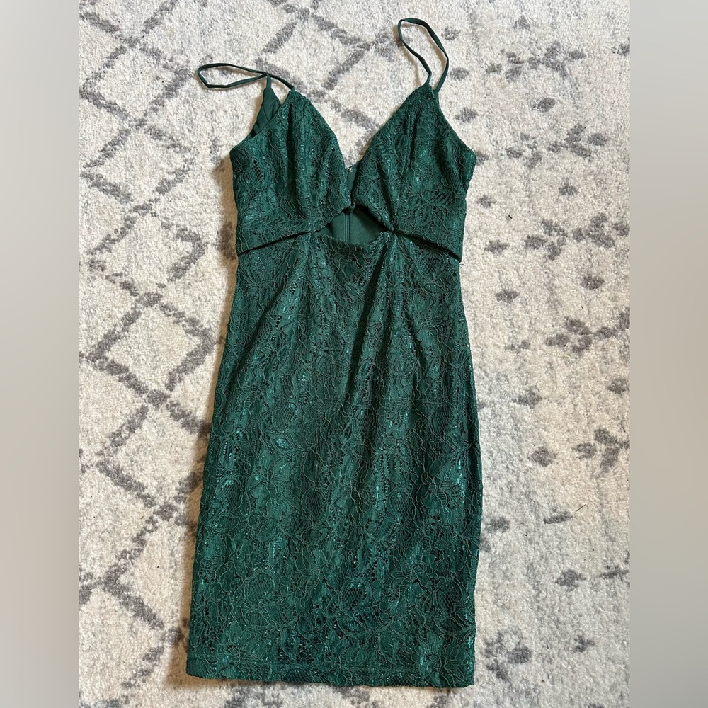 Line + Dot green lace dress. Size XS. Straps. Accent opening in front.  Zipper.
